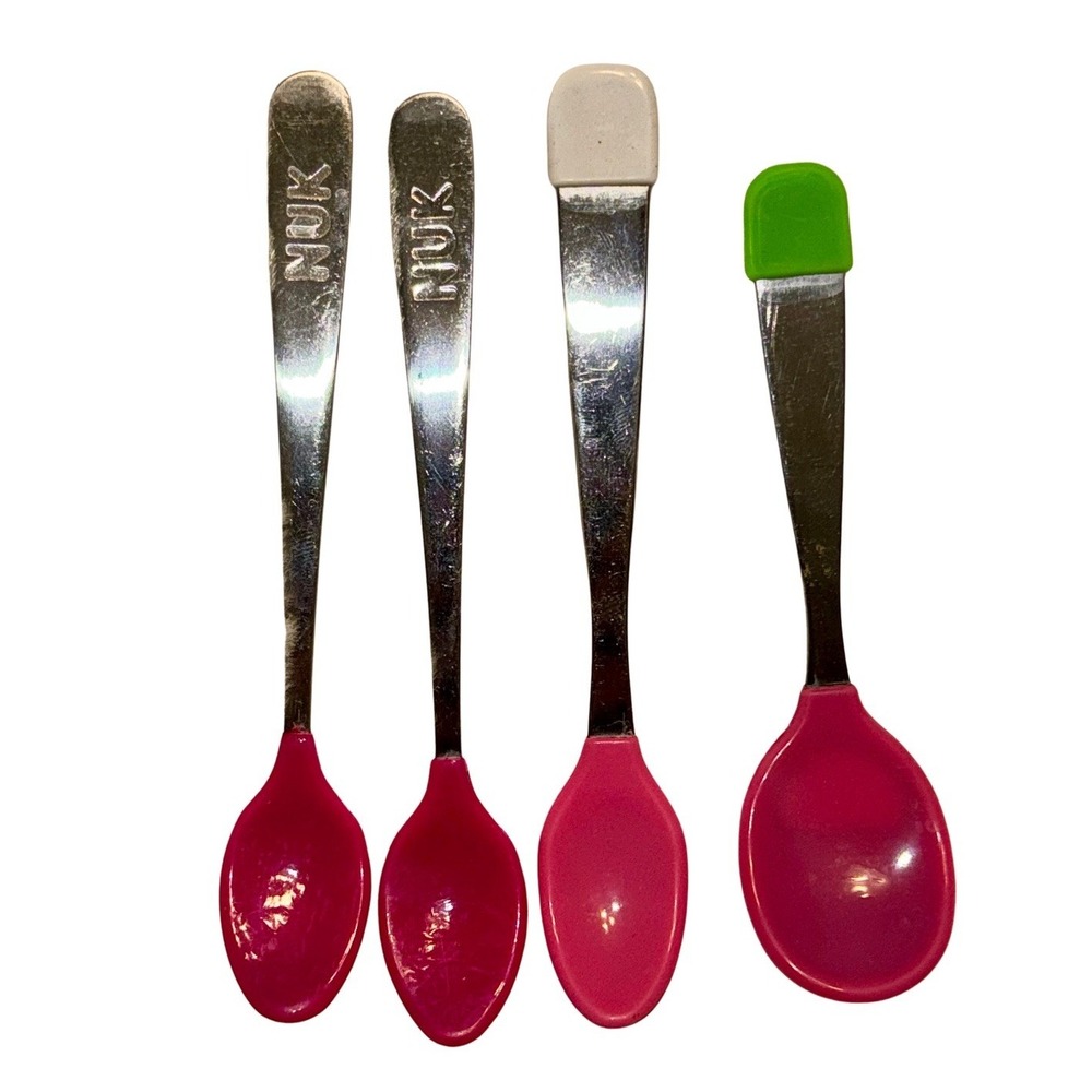2 Nuk Soft Bite Baby Spoons Pink + 2 Unbranded Infant Feeding Lot of 4